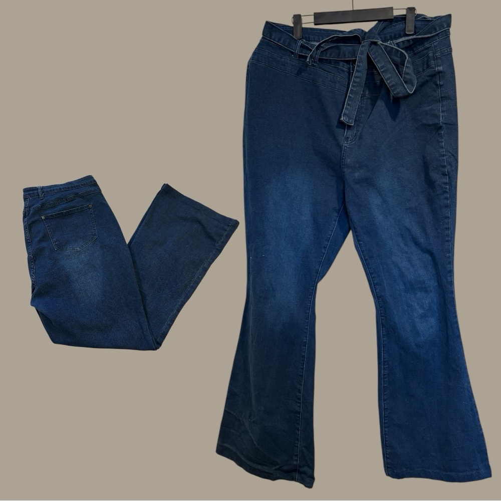 🌷Flamingo XXXXL Stretch Denim Belted Flare Jeans – Dark Wash High Rise 3/$30
